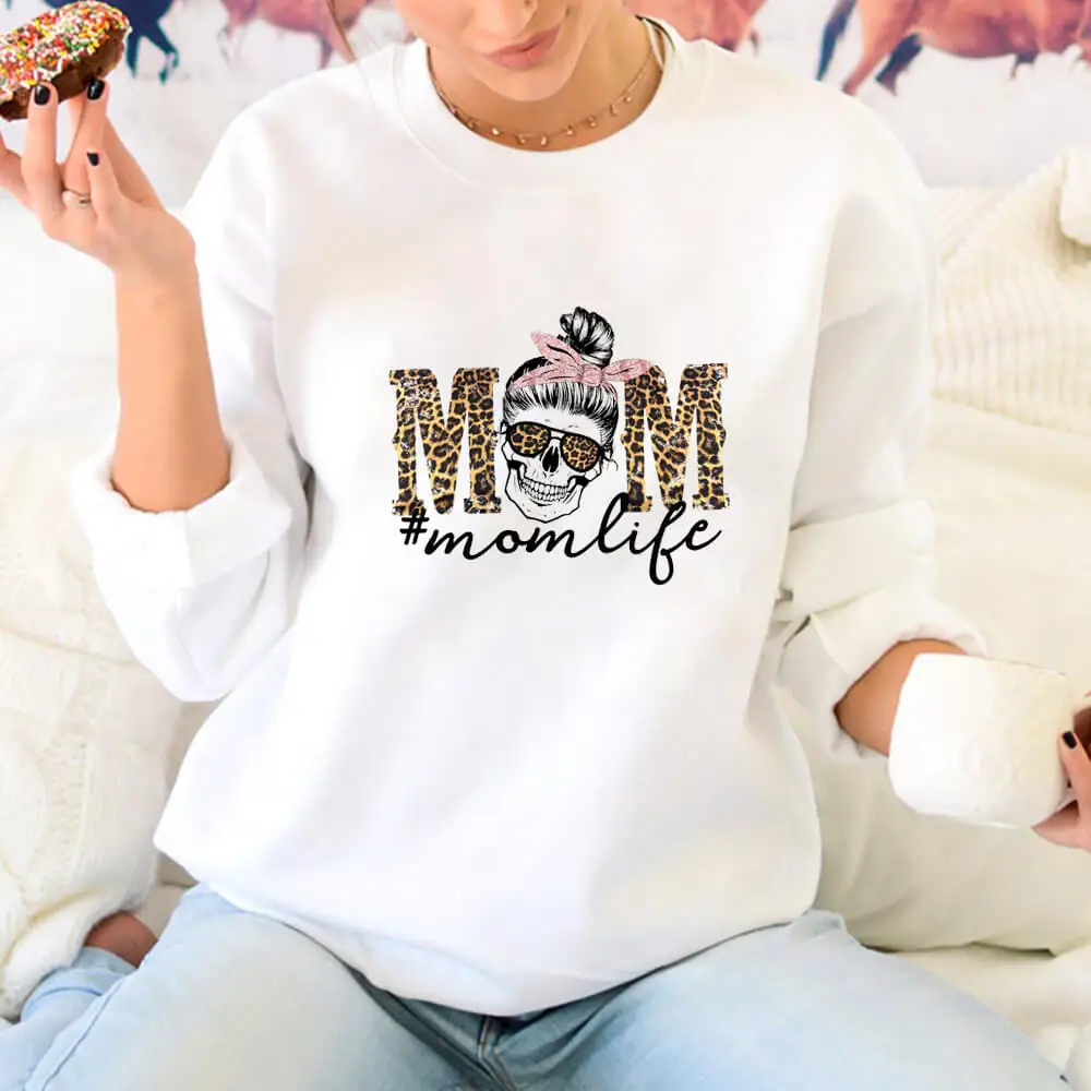 

Momlife Leopard Skull 100%Cotton Printed Women Sweatshirt Mom Spring Autunm Casual O-Neck Pullovers Long Sleeve Top Gift for Mom