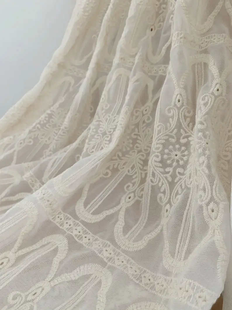 1 yard New arrival embroidered chiffon lace fabric, chiffon fabric with beige embroidery