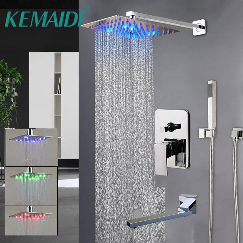 

KEMAIDI Chrome Silver Rainfall Shower Faucet Kits Tub Led Bathtub Rain Square Shower Head 180 Swivel Spray Shower Faucet Set