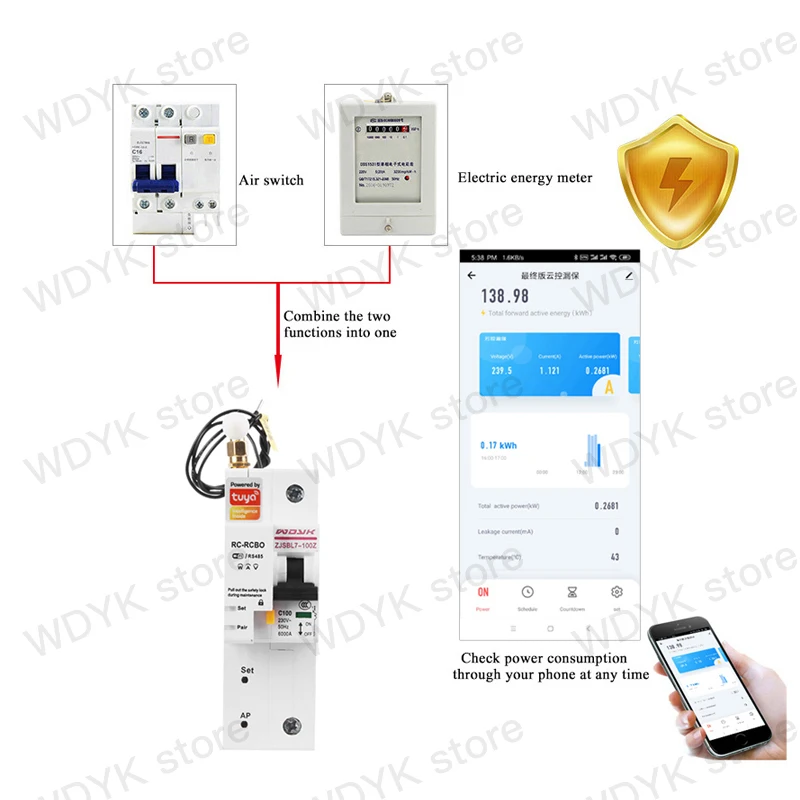 1P100A Single phase Din rail WIFI Smart Energy Meter Power Consumption kWh Meter wattmeter voice control Alexa google assistant