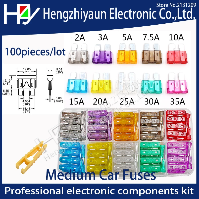 

Hzy 100pcs/lot Medium Car Fuses 2A 3A 5A 7.5A 10A 15A 20A 25A 30A 40A + Clip Amp with Plastic Box Assortment Auto Blade Fuse SUV