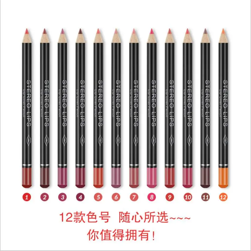 12 colores elegante delineador de labios lápiz impermeable duradero delineador de labios Color negro Sexy mate palo maquillaje de belleza cosmético T1050