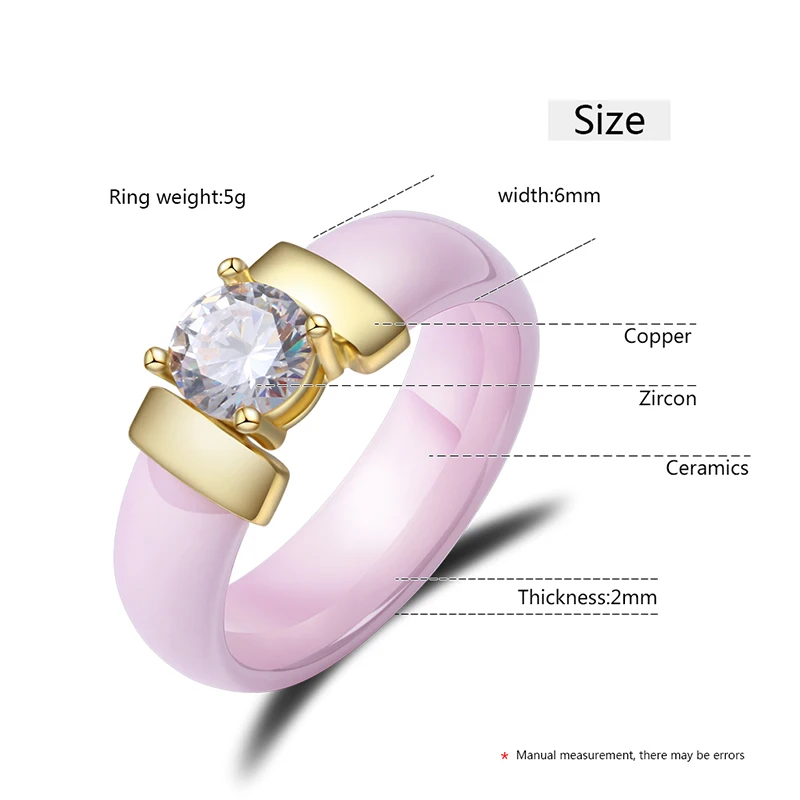 New Pink Black White Ceramic Rings for Female With Big CZ Crysal 6MM Width Never Fade Healthy Women Rings Christmas Gift