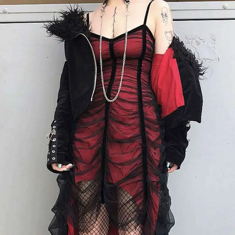 Mall Goth Mesh Lace Pleated Dress Women Gothic Black Dark Academia Aesthetic Summer Midi Dresses Irregular Punk Emo Clothes