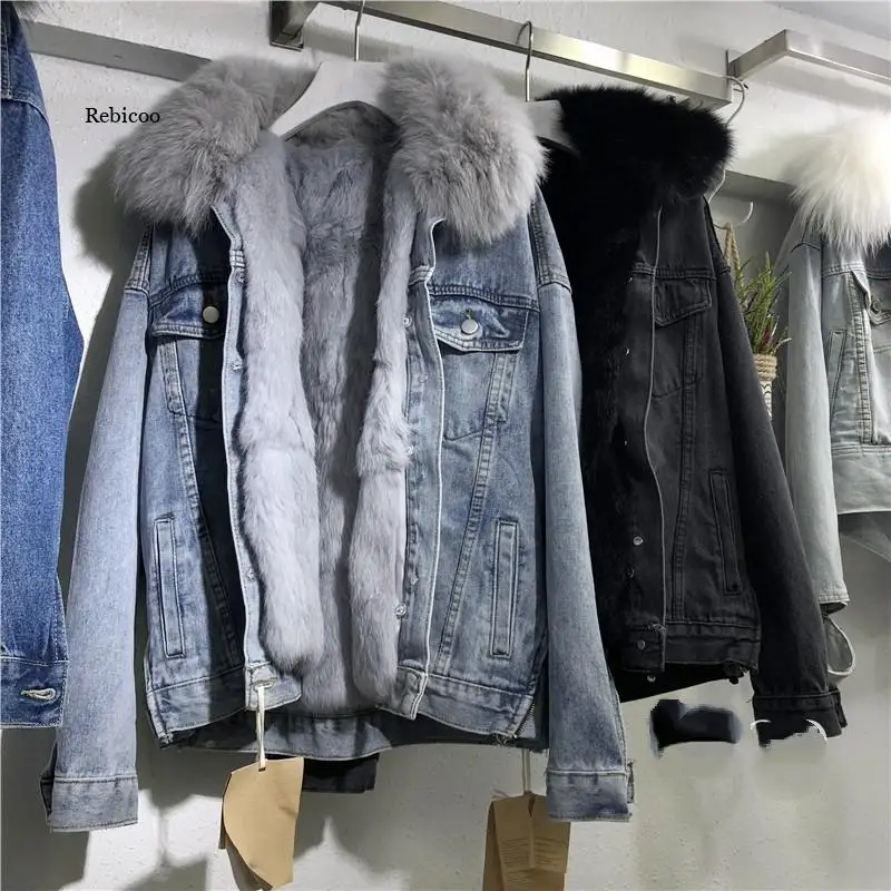 Women Denim Jacket Oversized Loose Fur Collar Plus Velvet Jean Parkas Women Winter Clothes Vintage Cotton Thick Warm Denim Coat