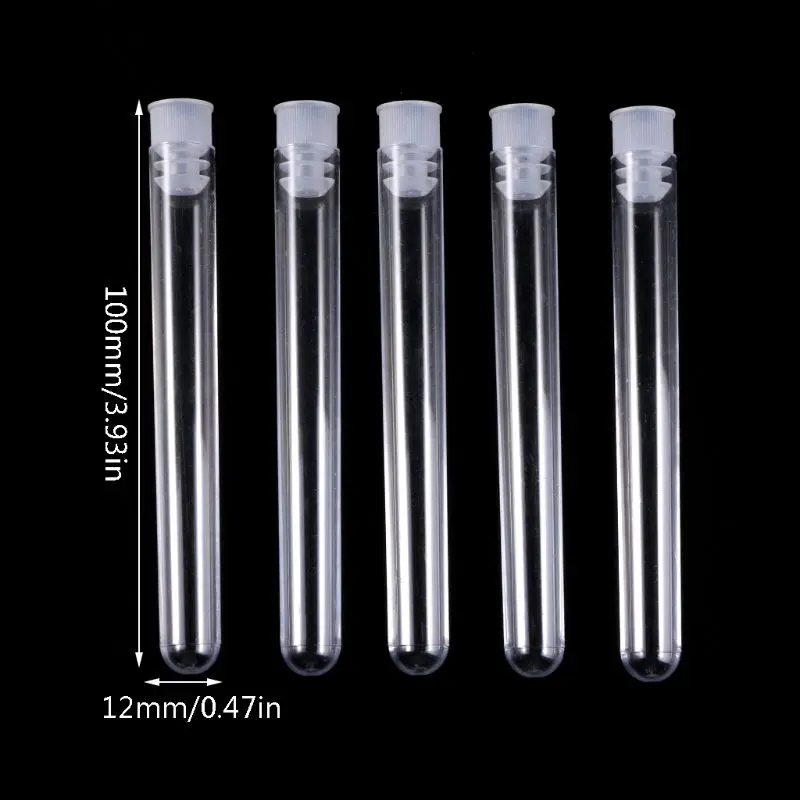 Tubos de ensayo de plástico transparente para laboratorio, viales con tapón de empuje, suministros de laboratorio escolar, 12x100mm, 50 unids/paquete