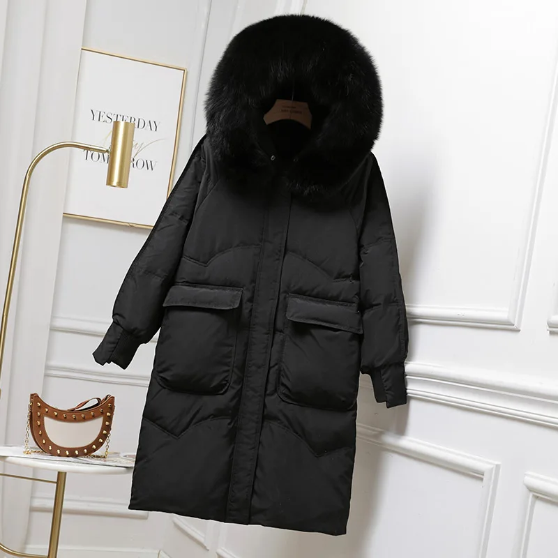 Women Down Jacket Natural Fox Fur Hooded Winter Jacket Down Coat Female Casual Solid Loose Thick Warm Parkas