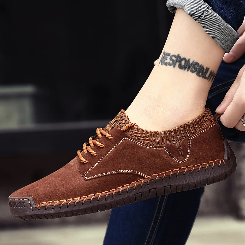 2020 New Spring Men\'s Shoes Lace-up Men Outdoor Casual Shoes Quality Suede Leather Loafers Man Flats Shoes Moccasins Shoes