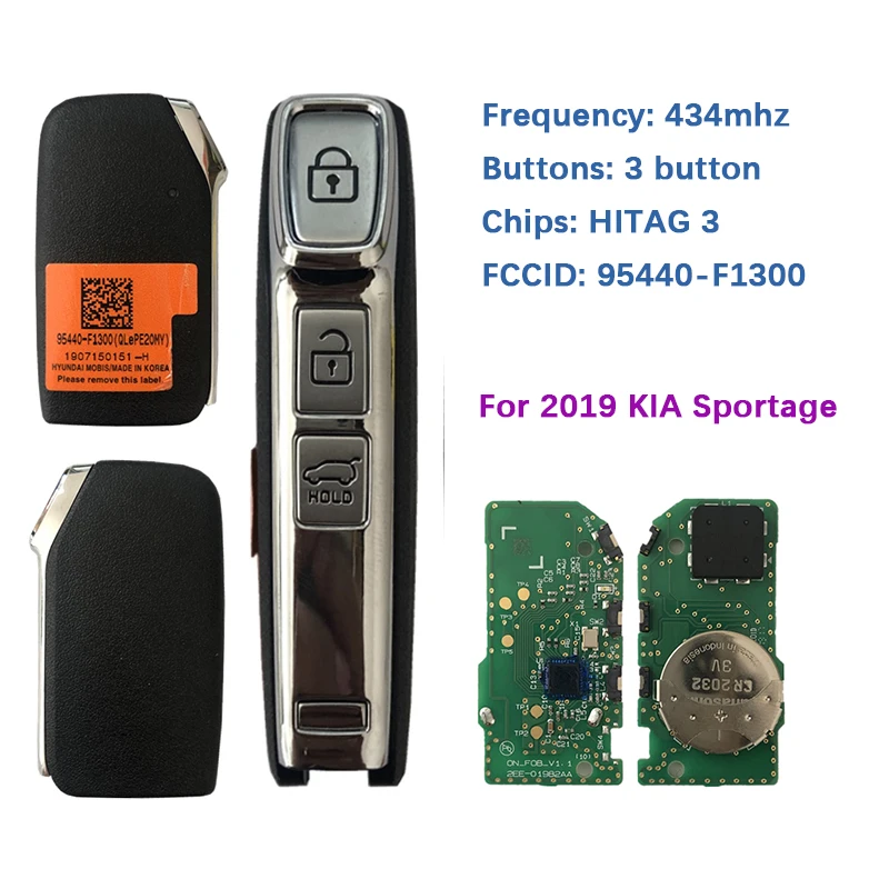 Aftermarket 3 Botão Chave Do Carro Inteligente Sem Logotipo, Chip 47 Remoto, 433MHz, FCCID 95440-F1300, Kia Sportage 2019, CN051096