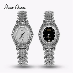 Jade Angel Women Vintage Pave Marcasite Thai 925 Sterling Silver Wrist Watches Christmas Gifts Thanksgiving Gifts Birthday Gifts