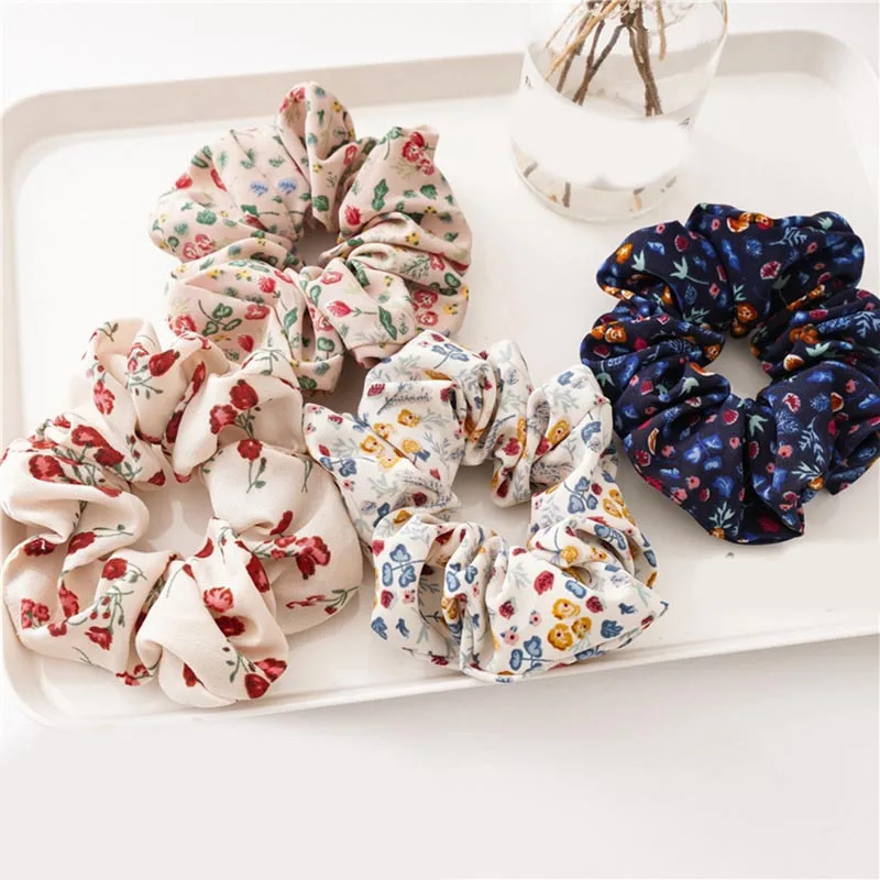 1PC Vintage Floral Printed Scrunchie Rubber Bands Women Girls Hair Accessories Ponytail Holder Elastic Hair Ties Girl Hair Bands