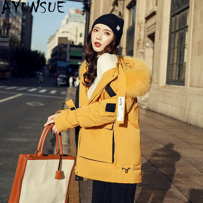 AYUNSUE Real Fox Fur Collar Hooded Women's Down Jacket Fashion High Quality Female Winter Parkas Women Coats Femme Veste