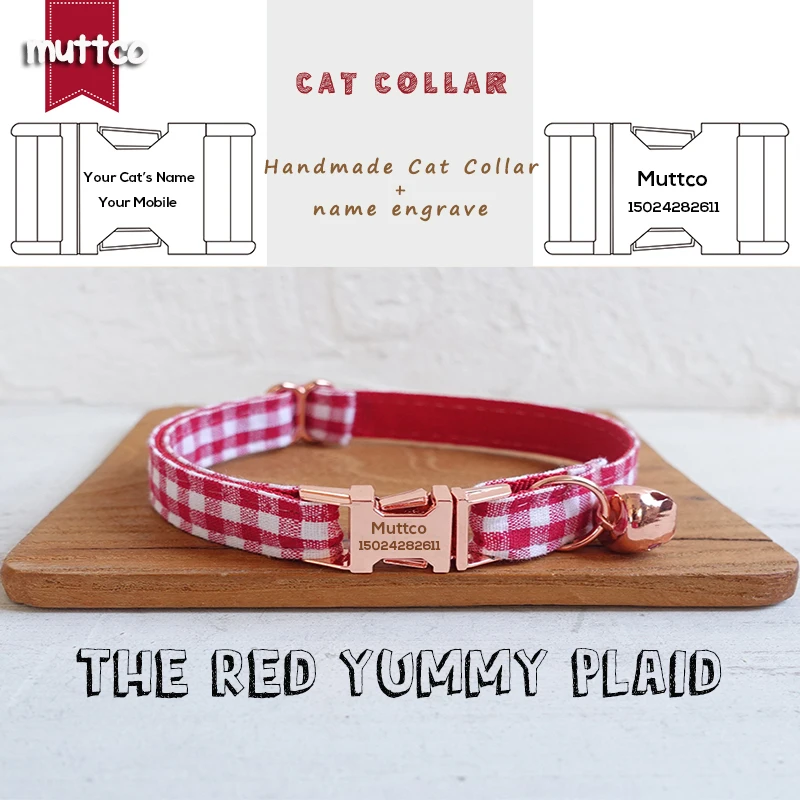 

MUTTCO retail handmade engraved high quality metal buckle collar for cat THE RED YUMMY PLAID design cat collar 2 sizes UCC047M