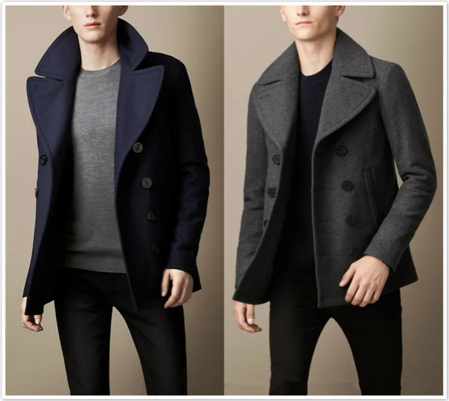 New short men\'s casual fashion double-breasted suit collar wool and velvet blended jacket coat