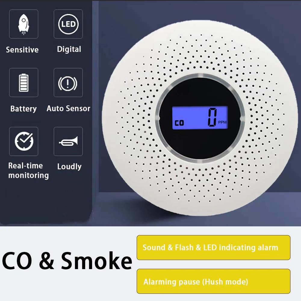 CE Approved Carbon Monoxide Detector Smoke CO Gas Sensor LED Home Fire Alarm Battery Operated Easy to Install Domestic Fireproof