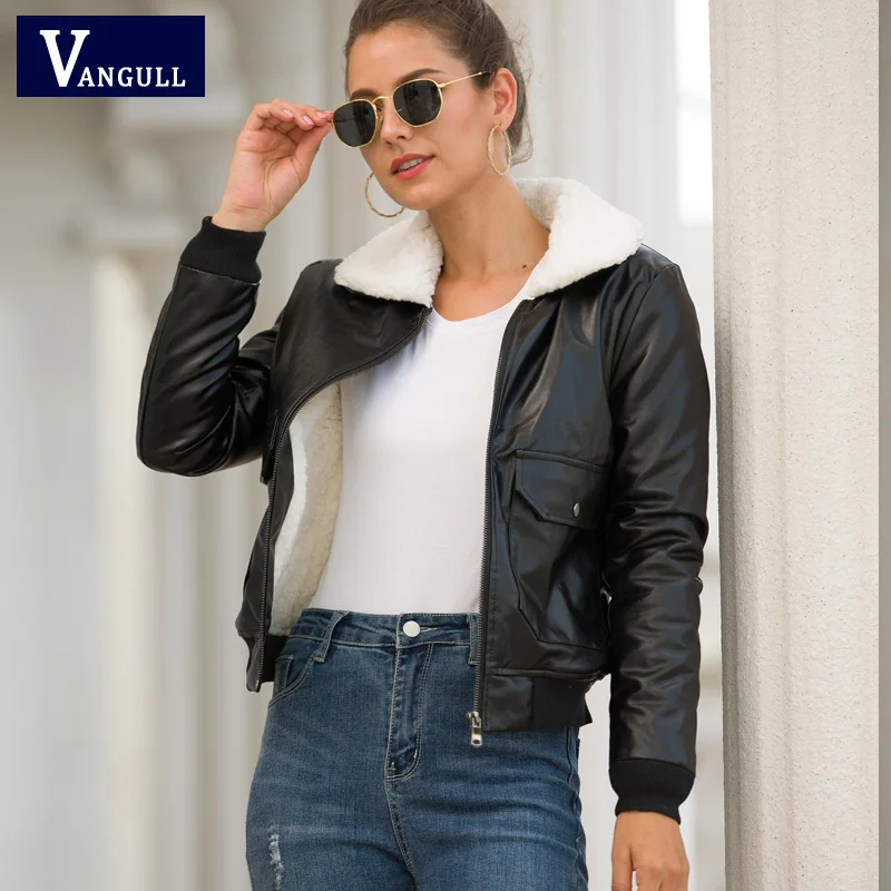 Vangull Winter Fleece Pu Leather Coat Women Turn-Down Collar Zipper Warm Outwear Female Long Sleeve Ladies Bomber Leather Jacket