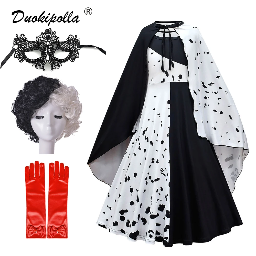 2022 Halloween Child Cruella Costume Masquerade Party Girls Black White Long Dress with Cape Carnival Kids Cruella Wig Lace Mask