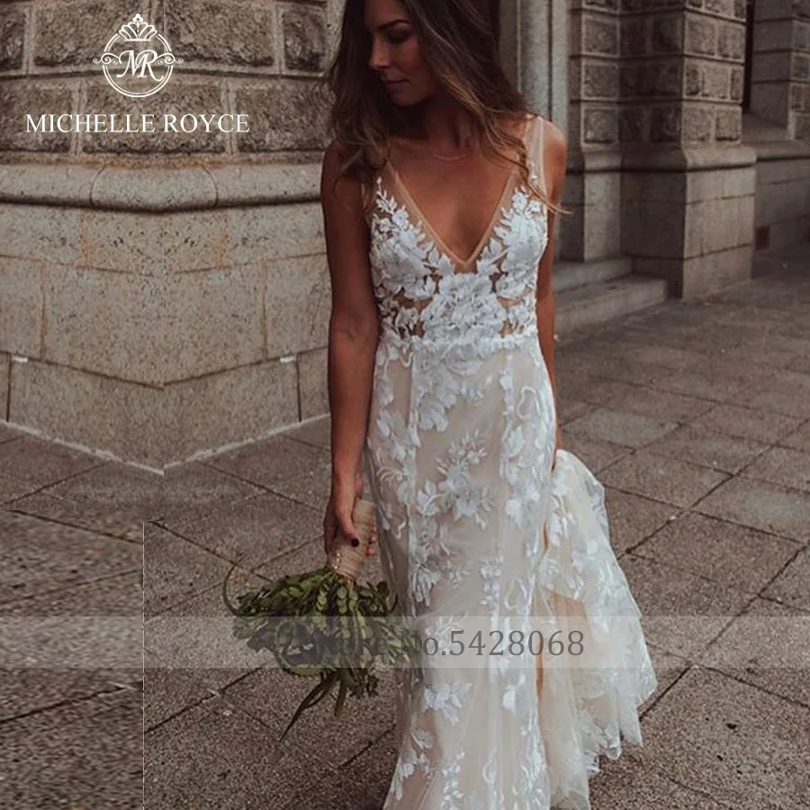 Michelle Royce-vestidos de novia de sirena para mujer, en V profundo con escote vestido de novia, apliques con espalda descubierta, cola de la campana, 2022 Vestidos De Novia