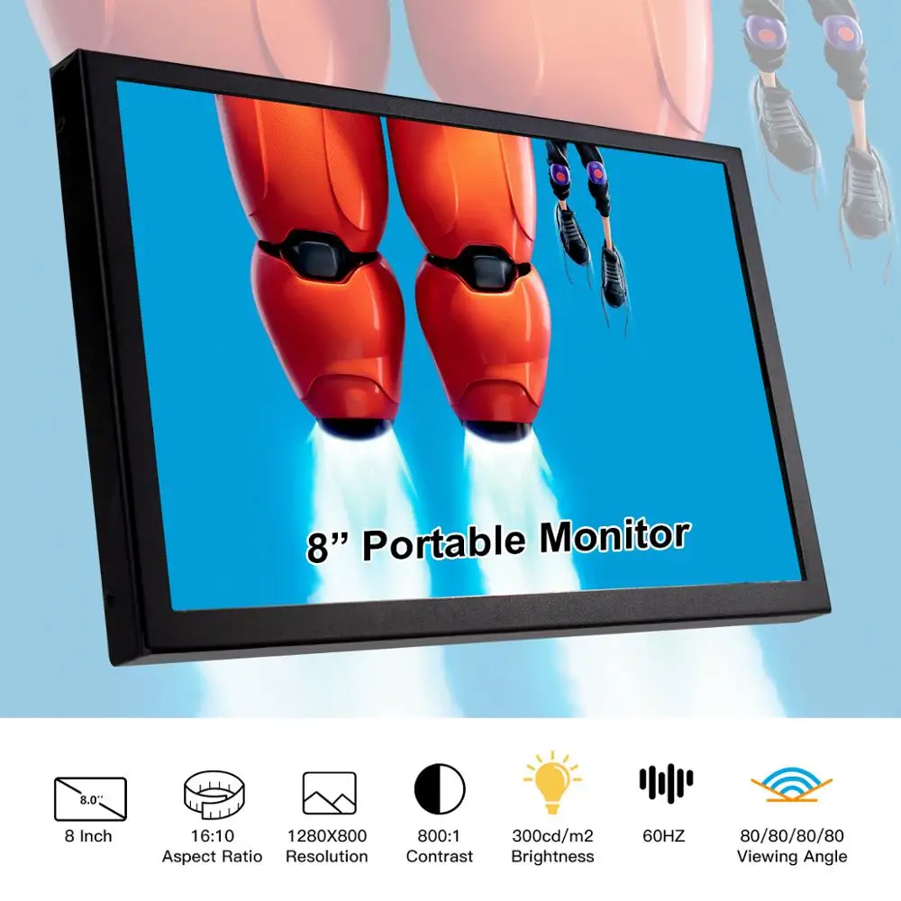 Raspberry Pi Screen Portable Monitor 8 Inch LCD Display Dual Speaker HDMI-Compatible 1280x800P IPS Screen Gaming Display