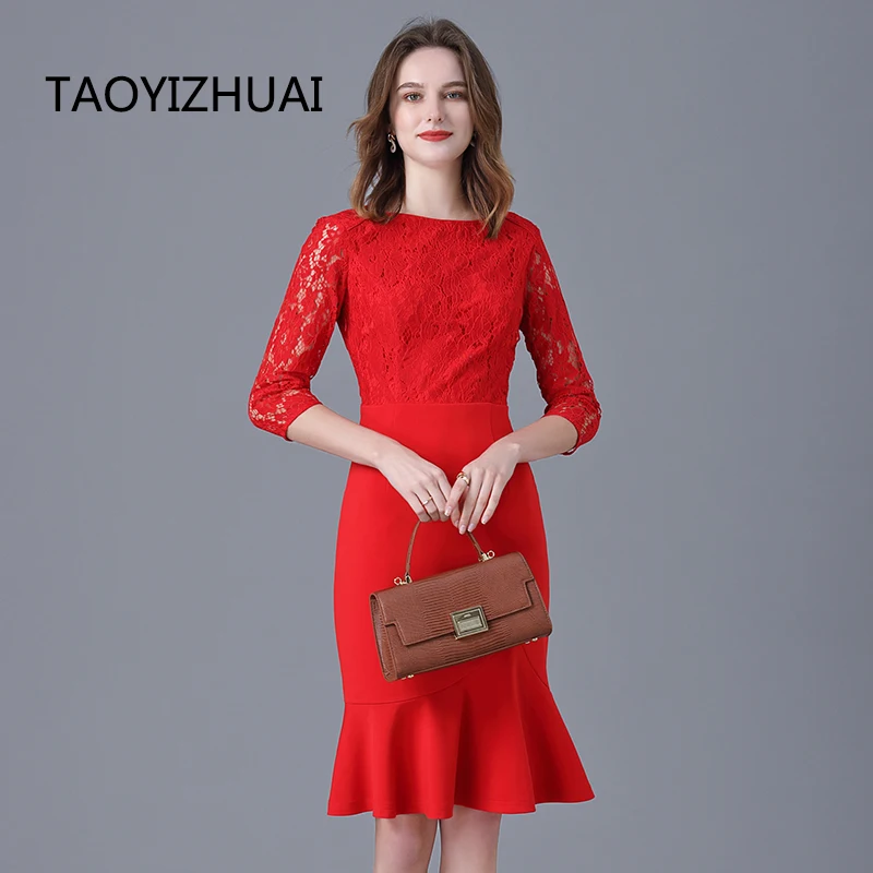 Red large lace dress women's 2022 spring and autumn new banquet dress ol slim wrap hip versatile fishtail skirt festive dress