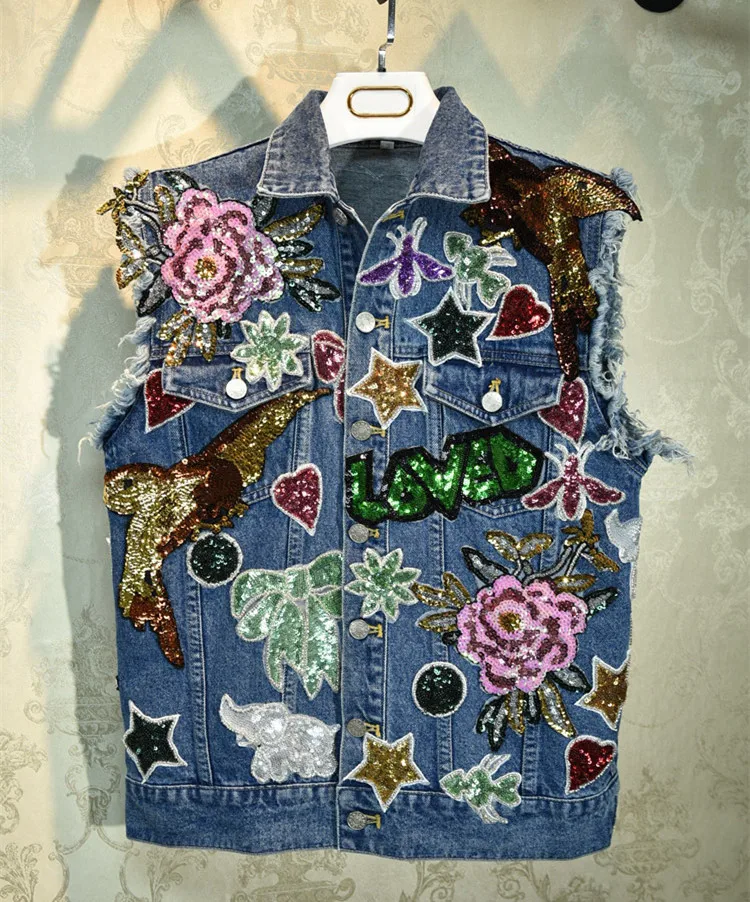 

2019 Autumn women high quality sequins Denim jackets Chic women jackets coat B060