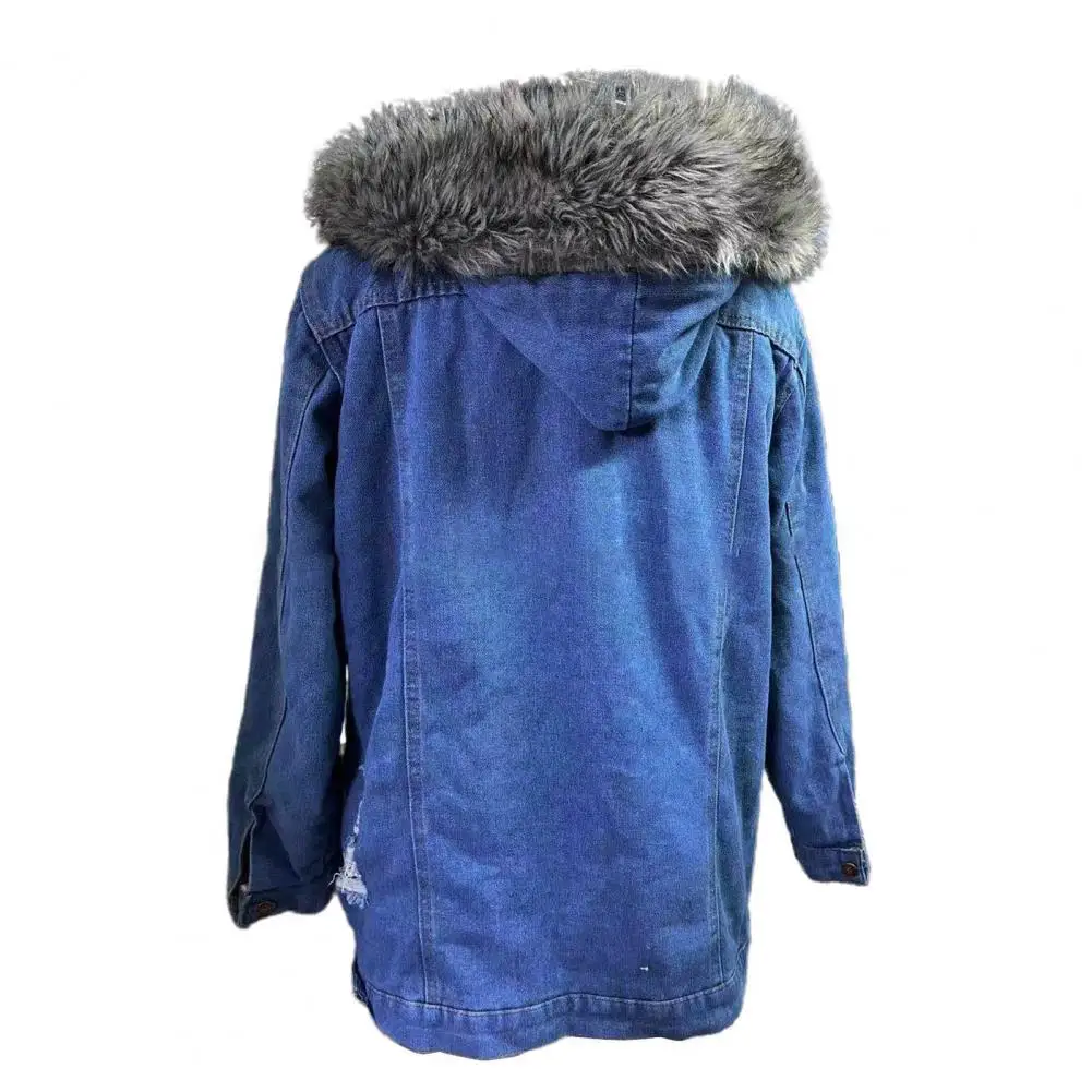 Loose Vintage Women Denim Jacket Coat Fur Hooded Plush Dilapidated Slim Mid-length Warm Jacket 2022