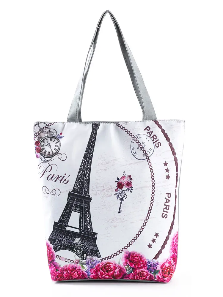 Fashion Art Trend Paris Tower Women\'s Bags Eco Reusable Linen Building Printed Bag Open Pockets Floral Shopping Bag All-Match