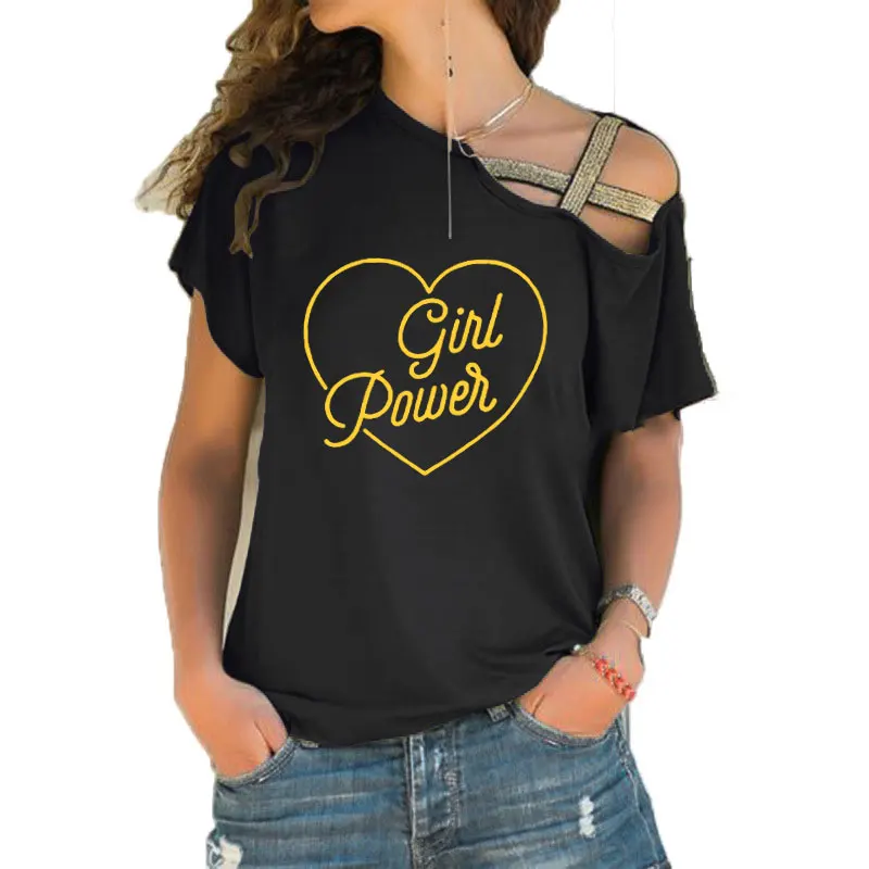 

Girl Power Feminist T Shirt Causal Graphic Tees Women Love Heart Print Summer Fashion 90s Grunge T-shirt Irregular Skew Tops