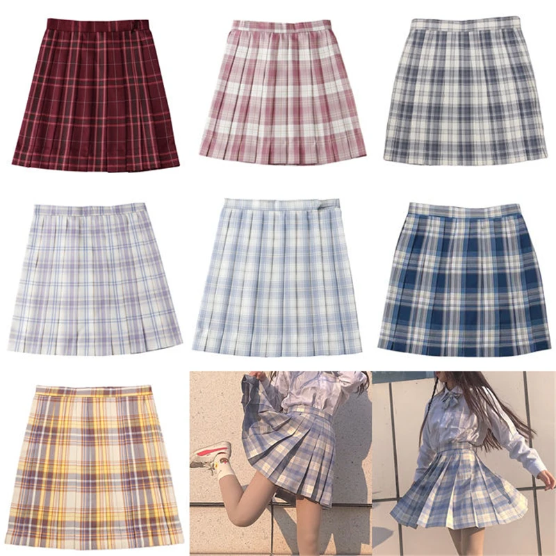 Girls Summer High Waist Pleated Plaid Skirt Japanese School Jk Uniform Dresses Student Cosplay Anime Cute Sexy Mini A-line Skirt