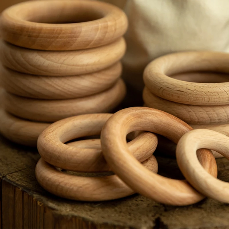 40/50/60MM 50Pcs Natural Wood Teething Beads Wooden Ring DIY Customize Wooden Jewelry Crafts Toy Rodent Baby Teething for Kids