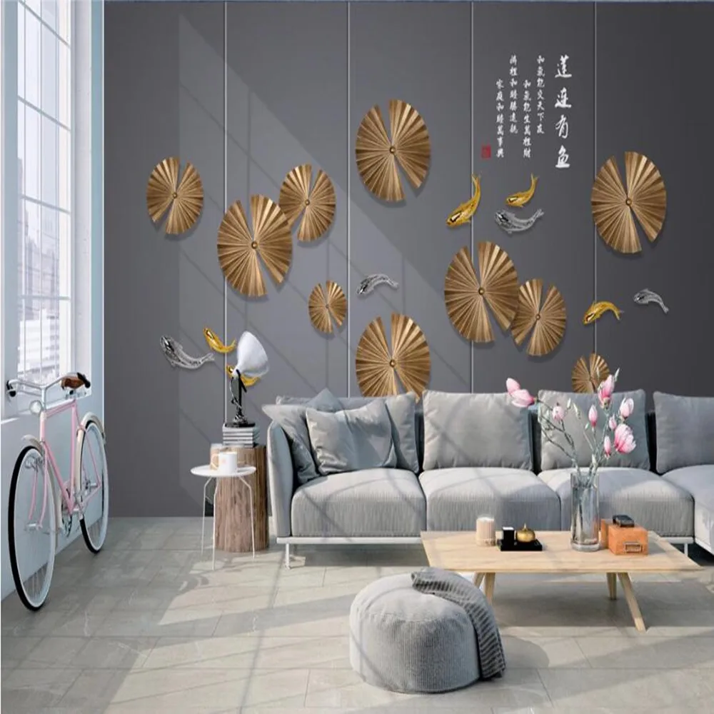 

milofi custom large wallpaper mural 3d three-dimensional lotus with fish lotus nine fish figure mural background wallpaper mural