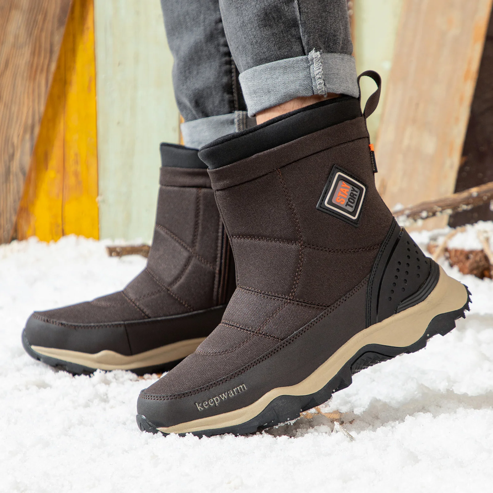 Baasploa 2022 Winter Men Snow Boots Plush Warm High Top Boots for Men Waterproof Non-Slip Outdoor Walking Shoes Slip on