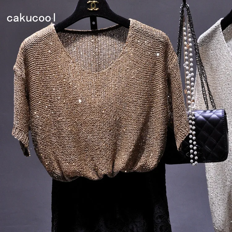 Cakucool Women Sequin knit Top Short Sleeve Summer Pullover gold Lurex Basic Tops Korean Loose Casual Shirts Femme Khaki Black