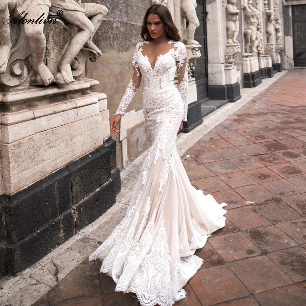 

Alonlivn Full Sleeves Mermaid Wedding Dress Flare Appliques Deep V-Neck Illusion Back Trumpet Bridal Gowns