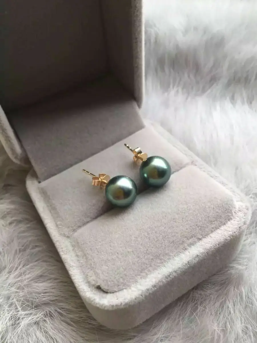 

Genuine 9mm Real South Sea gray Pearl Earrings 14K Solid Yellow Gold