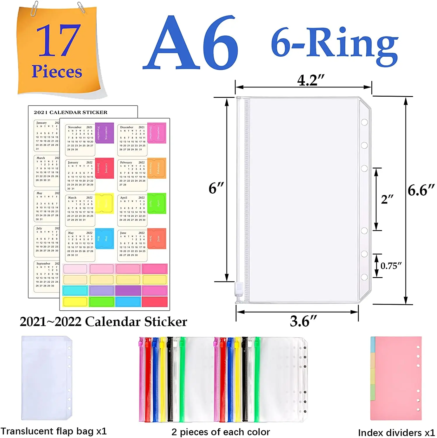 Sobres de efectivo A6 para encuadernación con bolsillos, carpetas con cremallera, divisores de índice de pegatina de calendario para cuaderno de 6 anillos