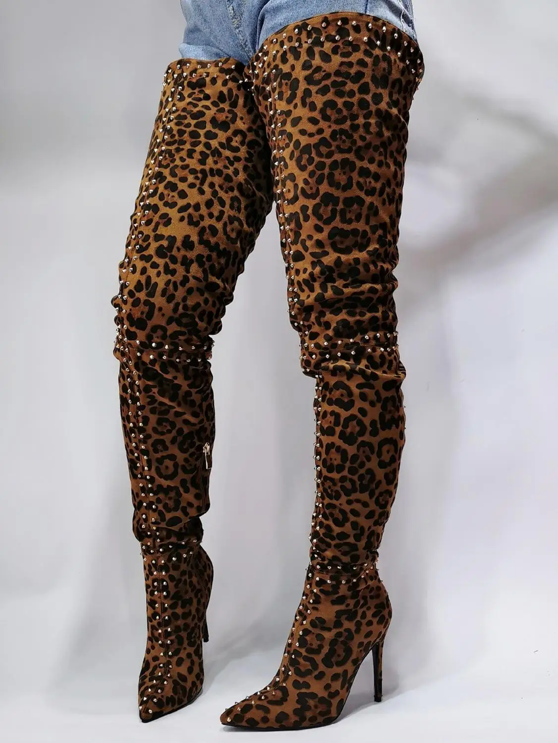

Stretch Thigh High Leopard Boots Stud Autumn Spring Sexy Over the Knee Boots Thin High Heel Long Shoes Woman Big Size 45 47