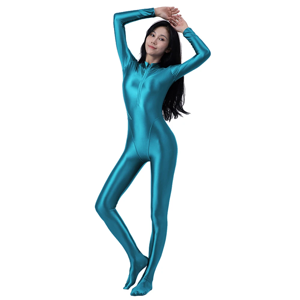 AMORESY-medias de aceite brillantes para mujer, Catsuit de longitud completa con cremallera frontal, mono Zentai de Yoga, mono informal liso y Sexy