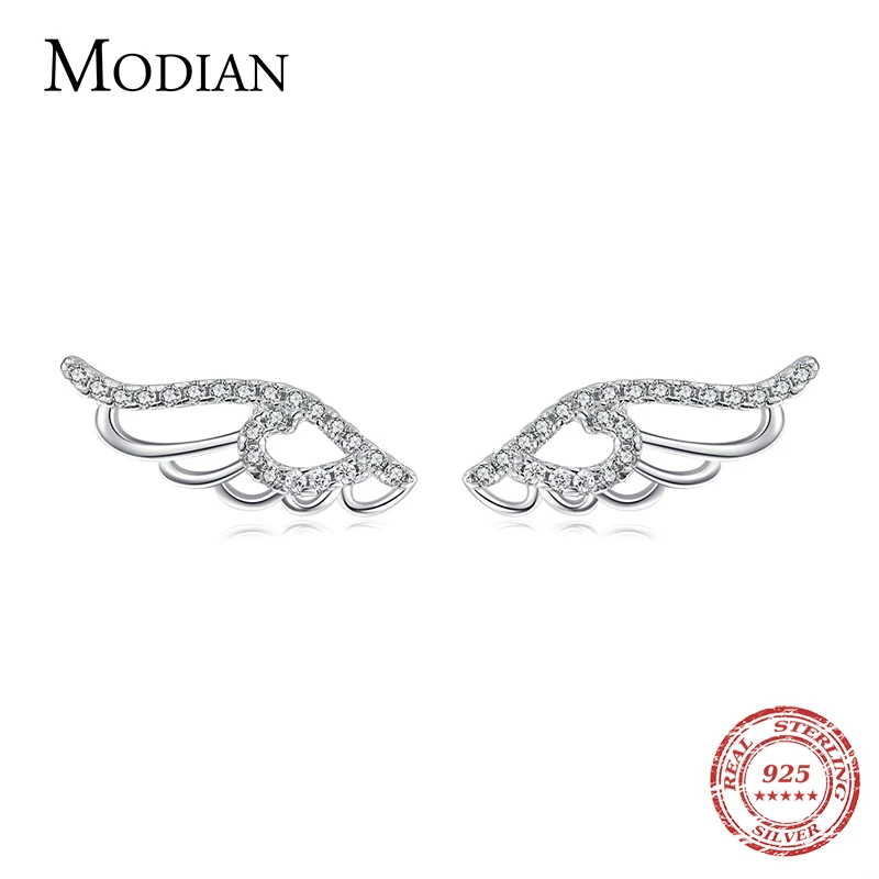 Modian Genuine 925 Sterling Silver Angel Wings Stud Earrings For Women Hollow Out Feather Ear Pins Christmas Birthday Gifts