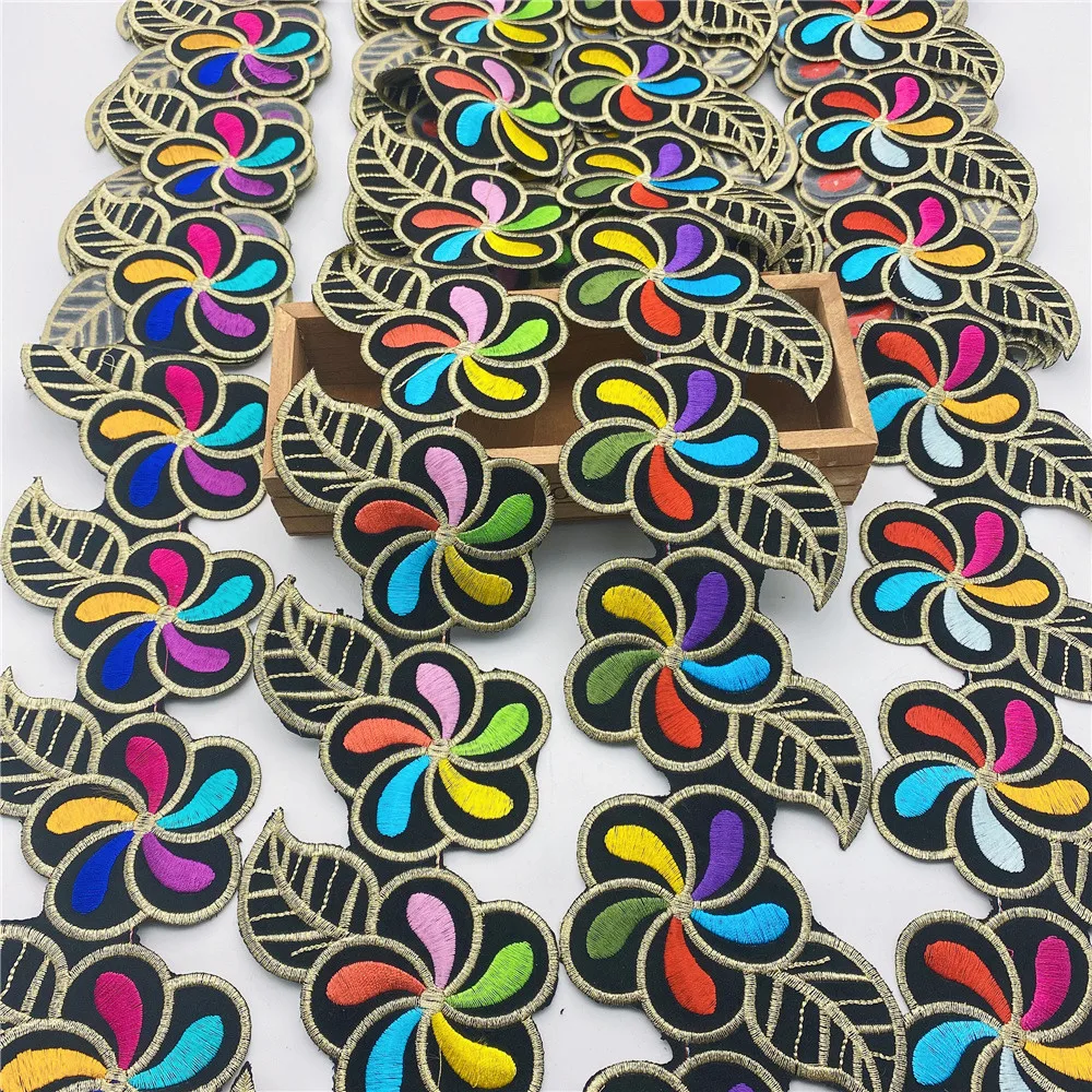 4meters Flower Hot-fix Iron on Cloth Applique Trimming embroidery lace Fabric Trim Ribbons DIY Accessories