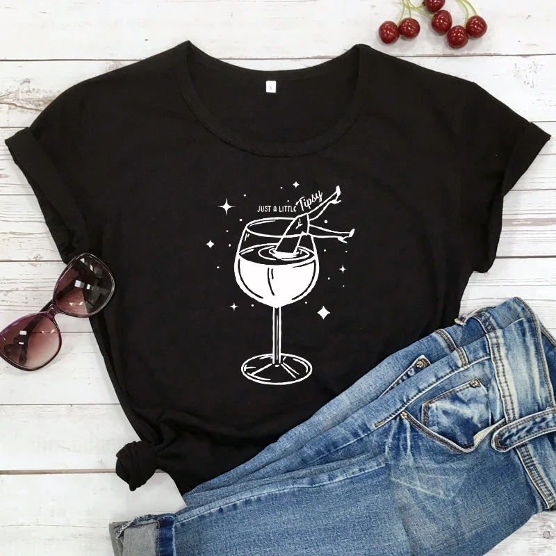 

Just A Little Tipsy T-shirt Aesthetic Women Drinking Tshirt Funny Summer Short Sleeve Hipster Graphic Top Tee Shirt Streetwear