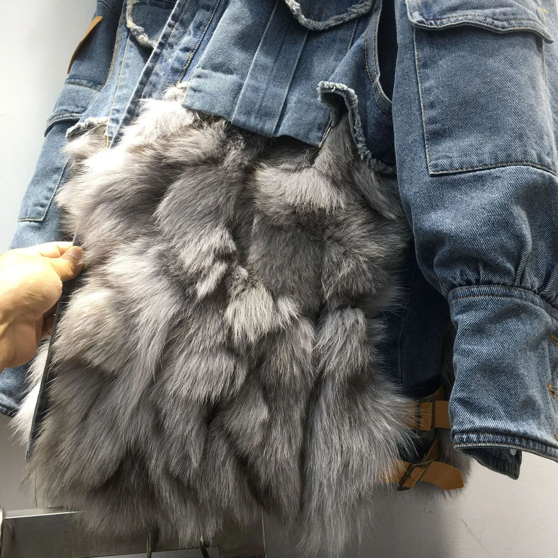 Parka jeans acolchoada em algodão para mulheres, casaco de pele de raposa real, outerwear feminino, solto e mais grosso, casaco quente, moda inverno, novo, 2023