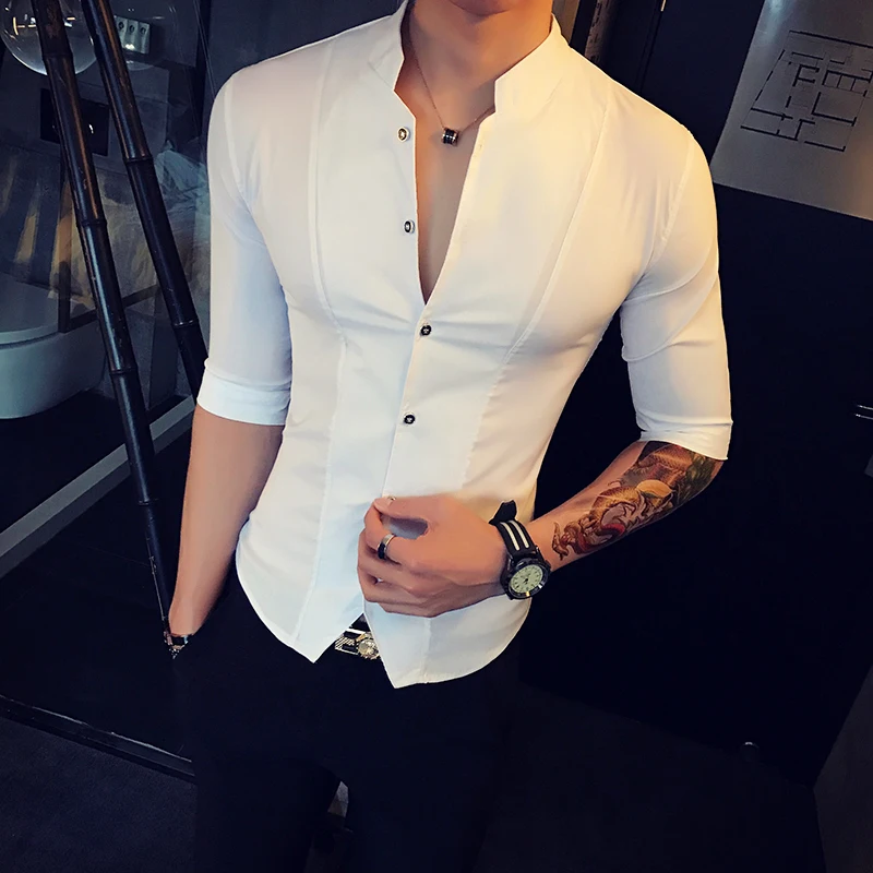 2024 Summer Fashion Stand Collar Chinese Style Shirt Men Solid Color Slim Fit Half Sleeve Dress Shirts Designer Club Prom Shirt