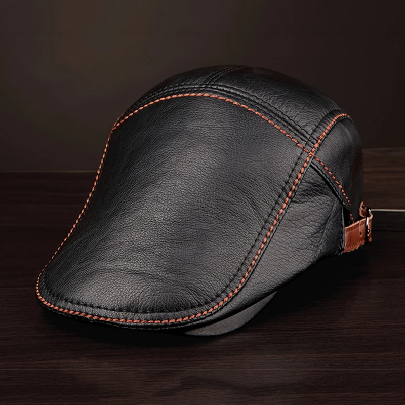 

Autumn Winter Flat Caps For Men Women Black Duckbill Hats Male Female Real Cowhide Leather Classic High-End Driving Caps