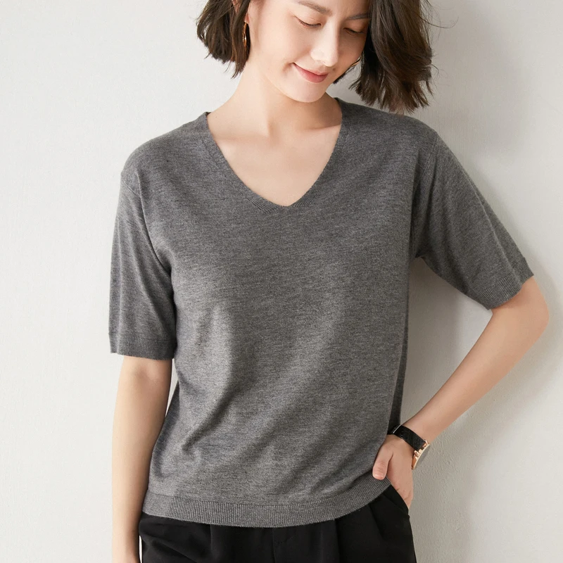 New Arrival Summer Cashmere Wool Sweater Spring Summer Women Solid Short Sleeve V-neck Pullovers Knitted Sweaters