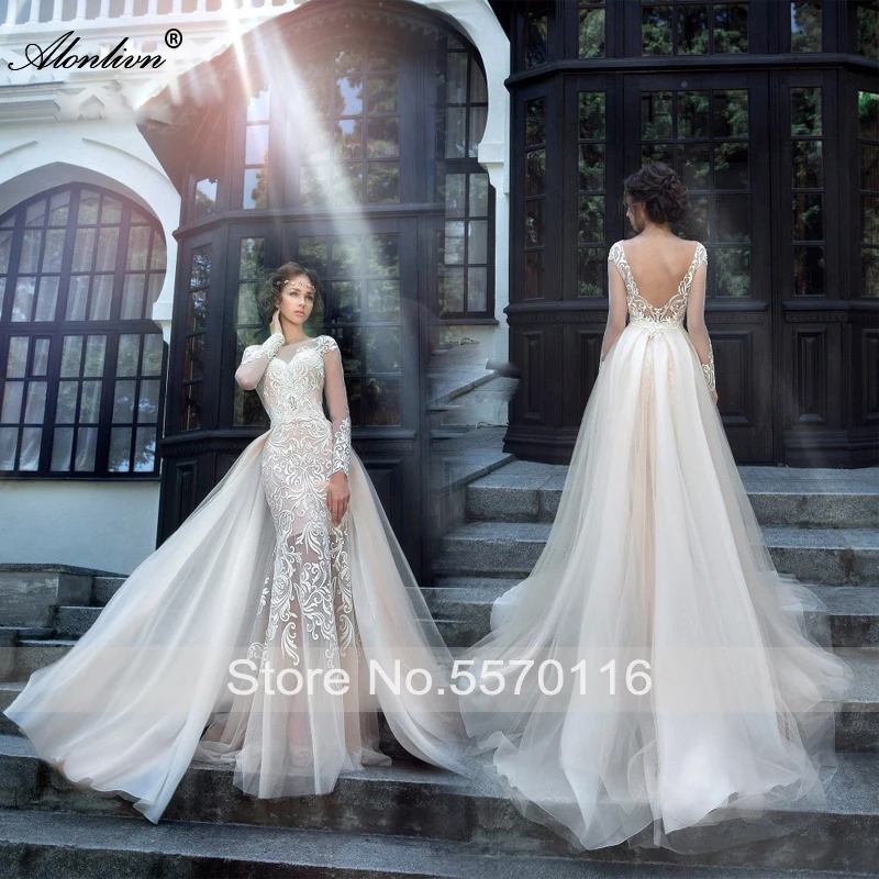 Alonlivn Custom Made Real Photo Beaded Pearls 2 In 1 Mermaid Wedding Dresses Full Sleeves Appliques With Removable Bridal Skirts