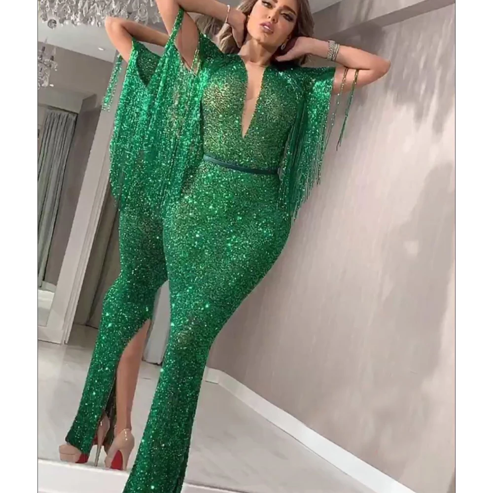 green prom dresses 2020 deep v neck tassel long sleeve mermaid sequins shinning evening dresses gowns