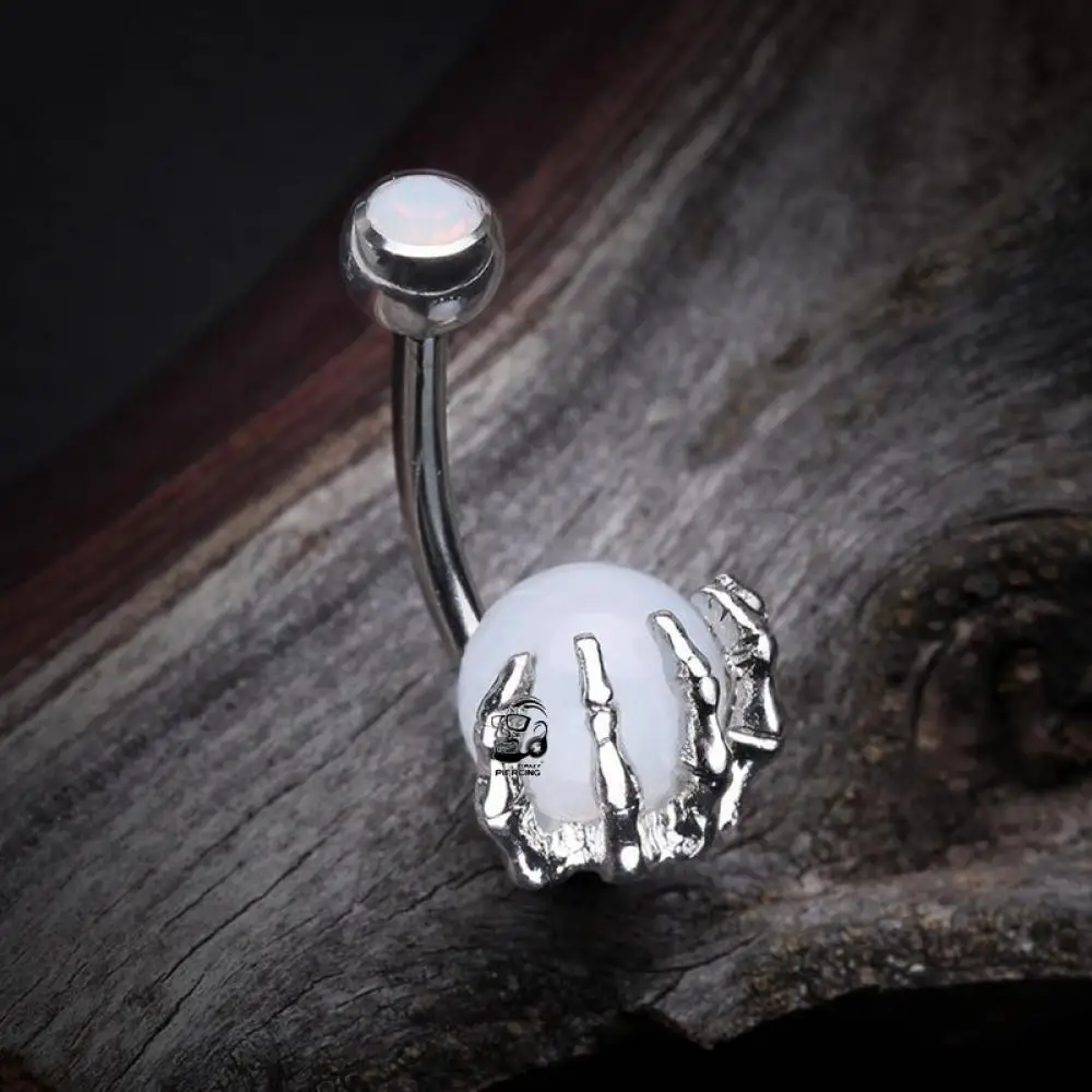 Punk Opalite Navel Piercing Ombligo Skeleton Hand Holding Stone Ball Belly Button Rings 14g Steel Body Jewelry Women Men Oreja