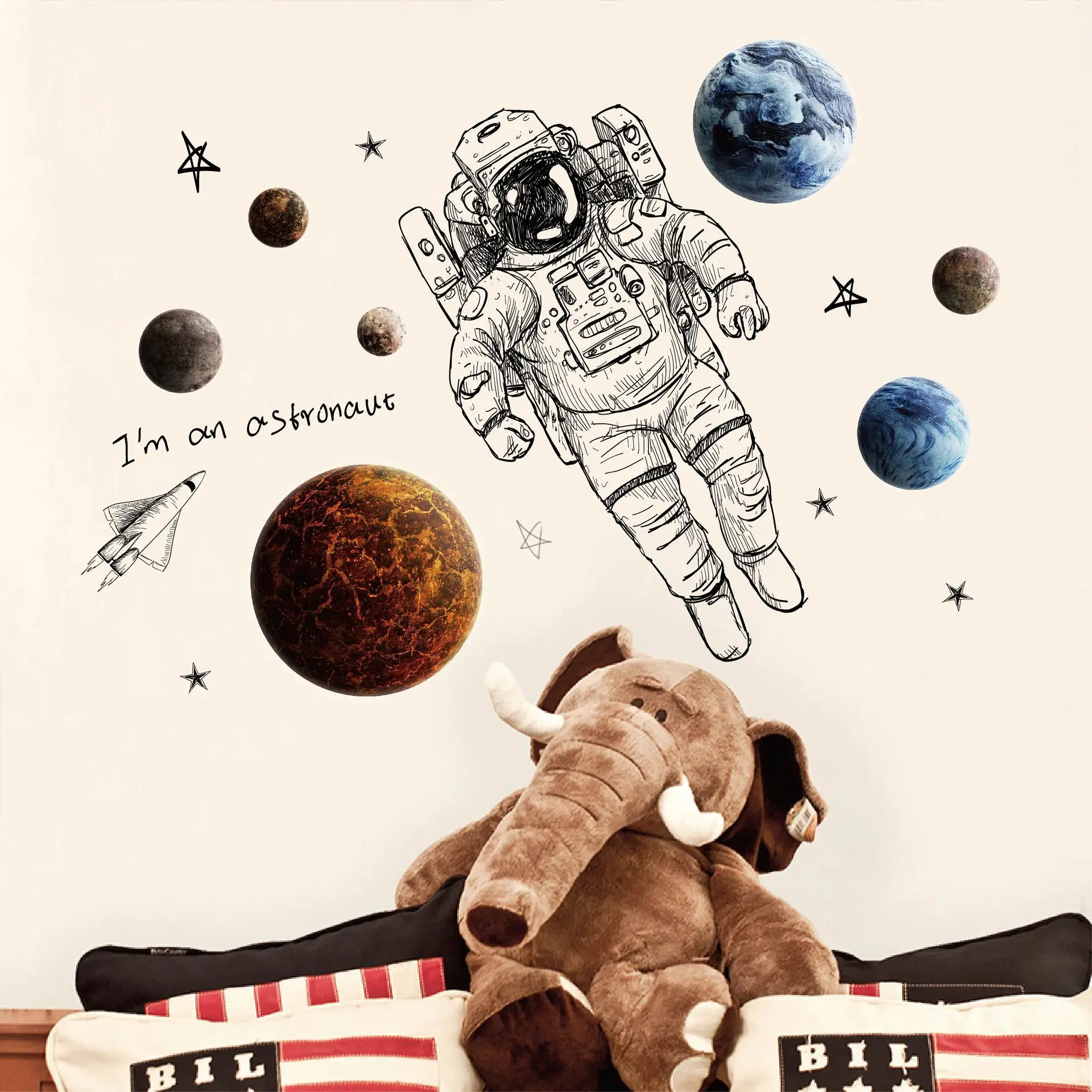 modern Art planet astronaut in space wall stickers children\'s room boy bedroom wall decoration self-adhesive wallpaper decals