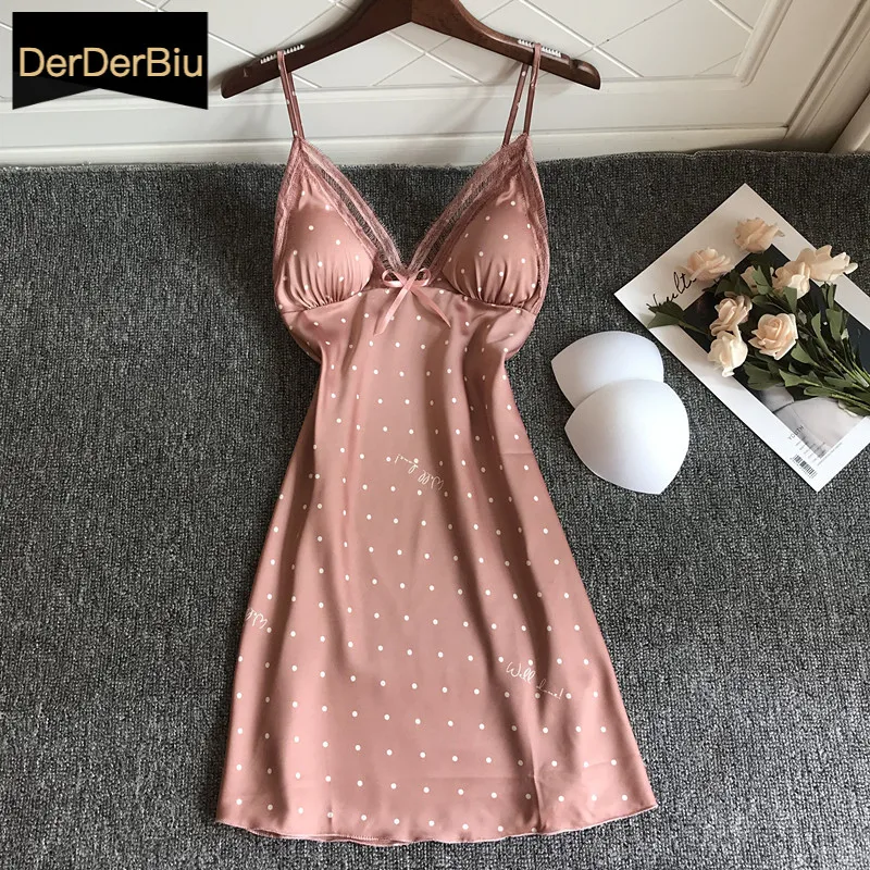 Sexy Nightdress Ladies Lace Print Flower Nightgown Soft Silk Satin Elegant Sleepwear Summer Nightwear With Chest Pads Homewear